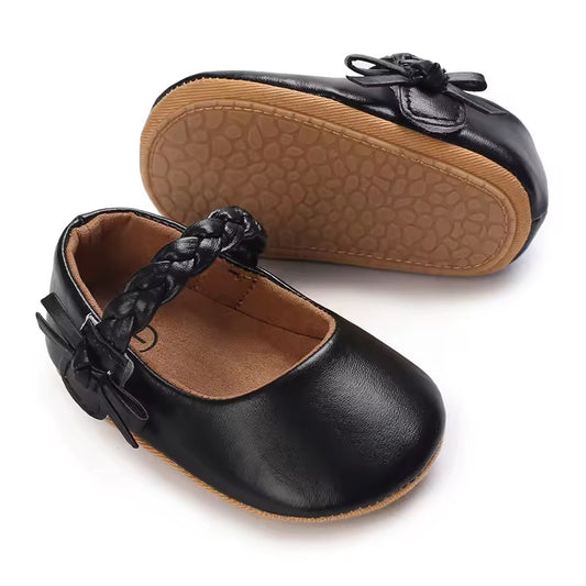 Classic Black Baby Shoes with Braided Strap