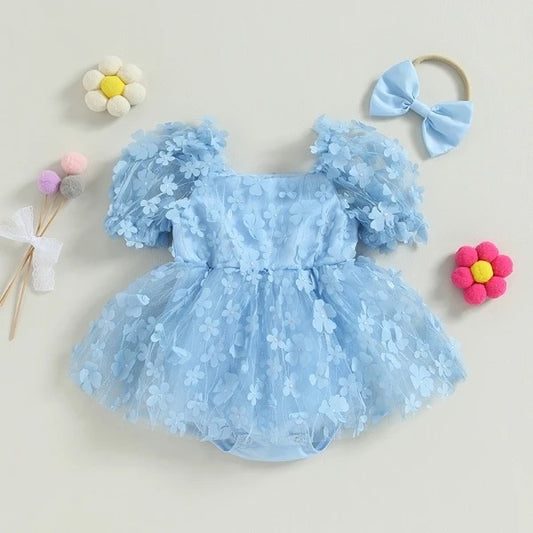 Baby Girl Blue 3D Flower Tulle Dress Romper Set