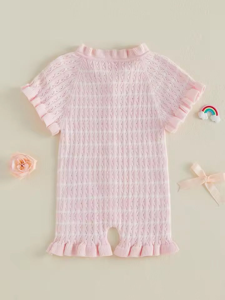 Soft Pink Knit Ruffle Short-Sleeve Romper