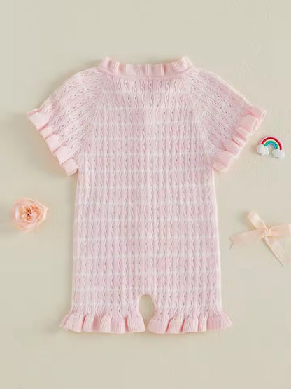 Soft Pink Knit Ruffle Short-Sleeve Romper