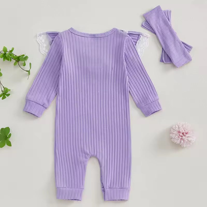 Newborn Girl Purple Ribbed Jumpsuit & Headband Set