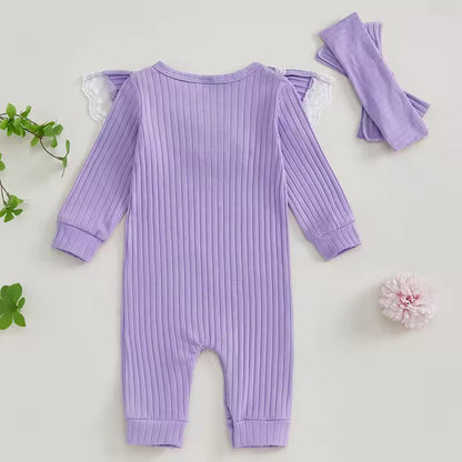 Newborn Girl Purple Ribbed Jumpsuit & Headband Set