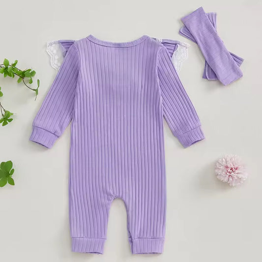 Newborn Girl Purple Ribbed Jumpsuit & Headband Set