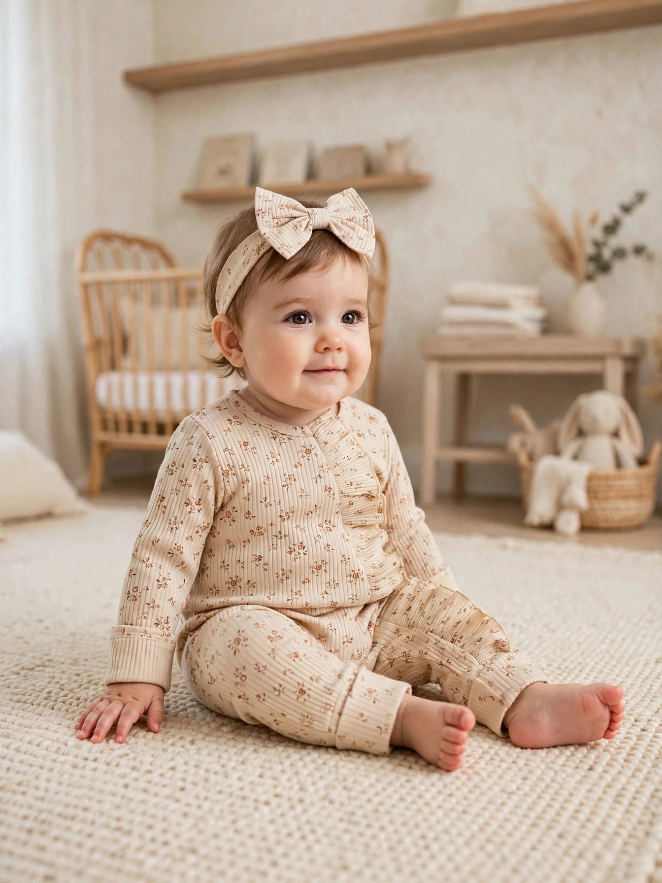 Soft Khaki Floral Romper with Headband