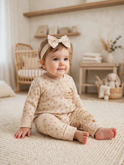 Soft Khaki Floral Romper with Headband