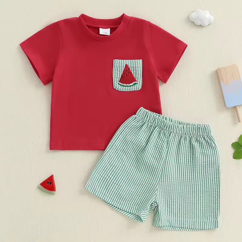 Green Striped T-Shirt with Watermelon Motif & Matching Shorts