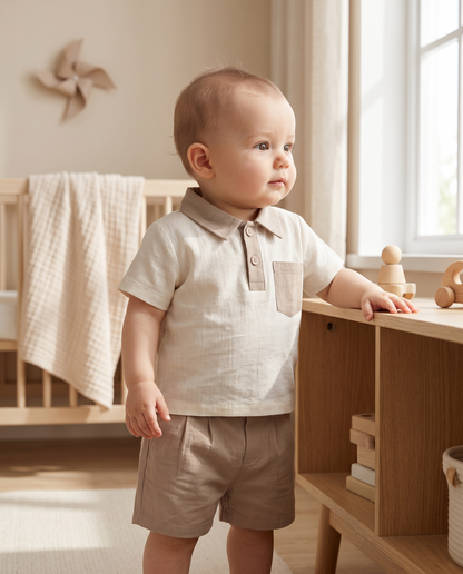Baby Boy Beige Polo Shirt & Shorts Set