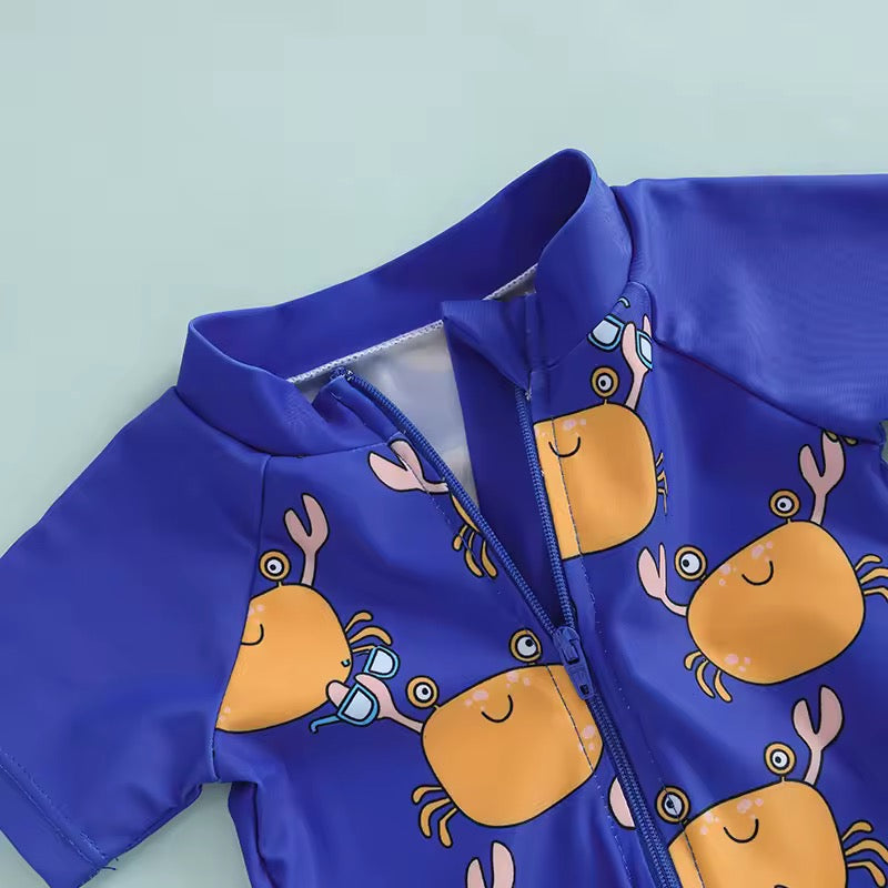 Happy Crab Print Baby Swimsuit with Character Sun Hat