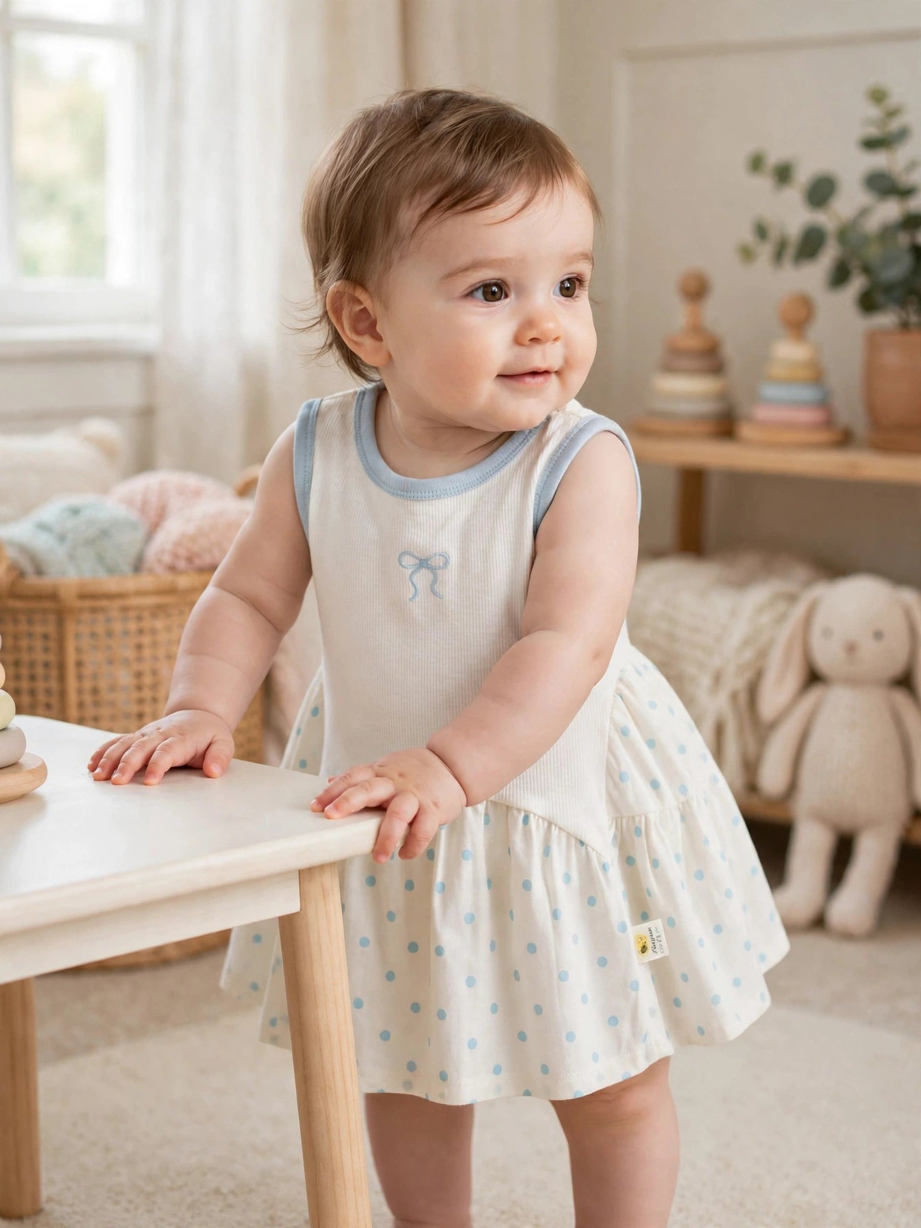 Sleeveless Cotton Bow Dress with Blue Polka Dots