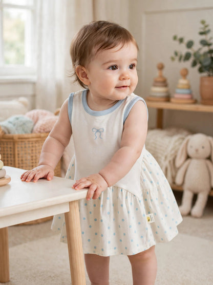 Sleeveless Cotton Bow Dress with Blue Polka Dots