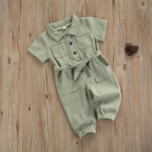 Girl's Casual Green Utility Romper with Pockets & Waist Tie