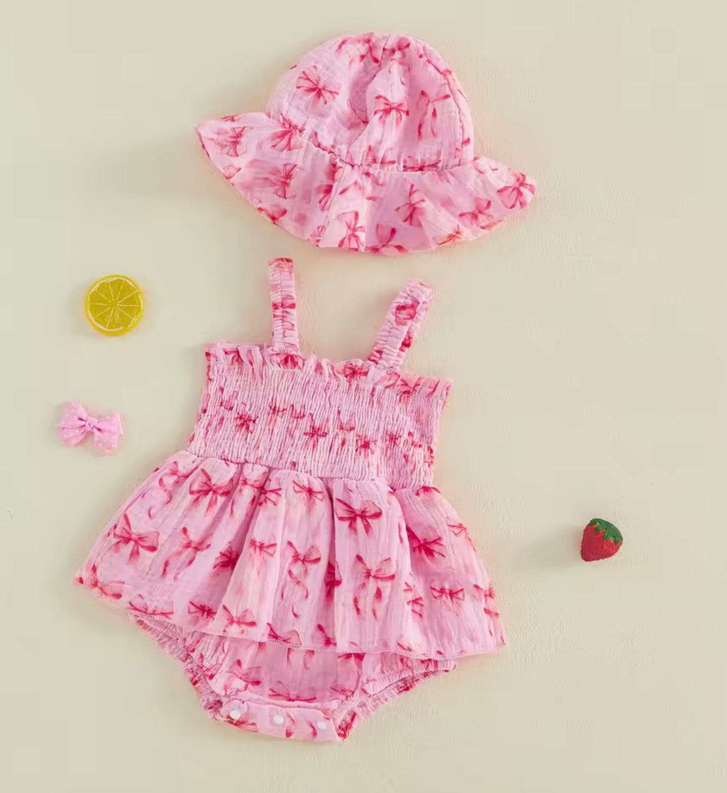 Pink Bow Print Romper with Matching Hat