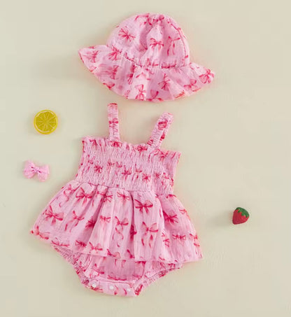 Pink Bow Print Romper with Matching Hat
