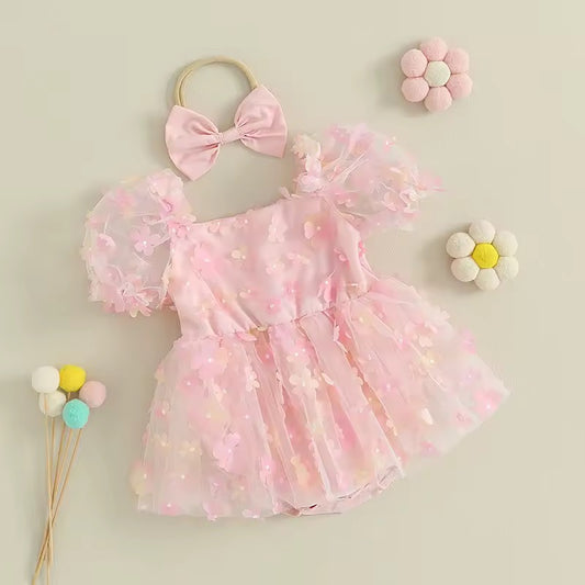 Newborn Girl Pink 3D Flower Party Romper with Bow Headband