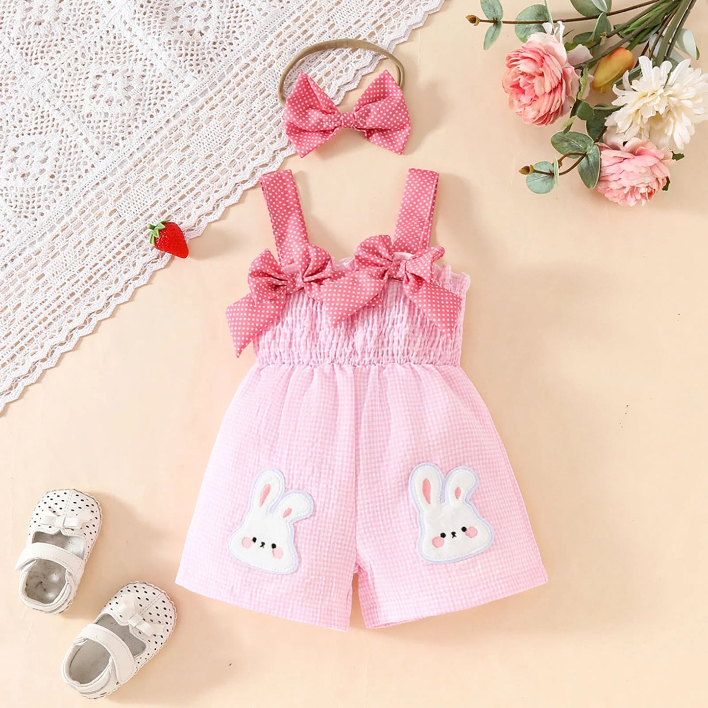 Elegant Pink Plaid Bunny Romper Set