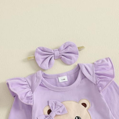 Purple Bear Romper & Polka Dot Pants Set