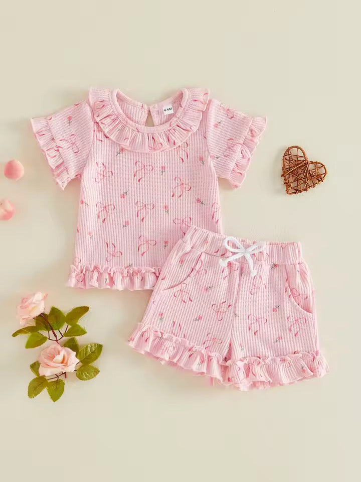 Pink Bow & Floral Top with Ruffle Shorts