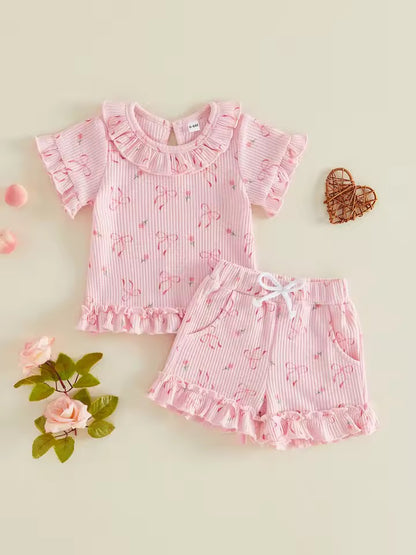 Pink Bow & Floral Top with Ruffle Shorts