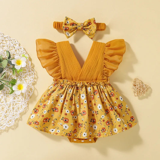 Baby Girl Mustard Yellow Floral Romper Dress with Matching Headband