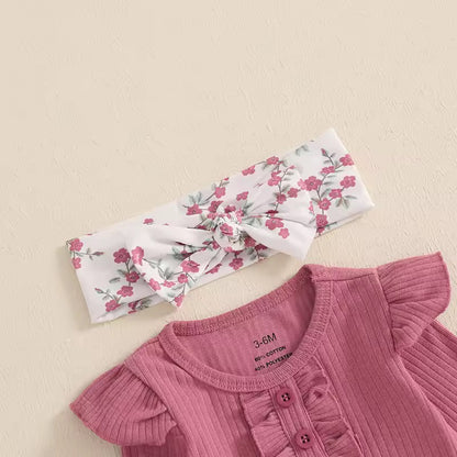 Floral Flare Pants & Ribbed Cotton Romper Set