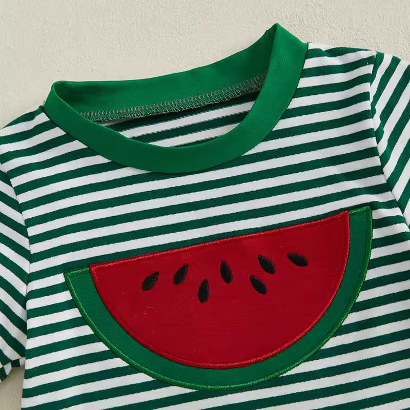 Red Summer T-Shirt with Watermelon Pocket & Striped Shorts