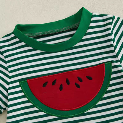 Red Summer T-Shirt with Watermelon Pocket & Striped Shorts