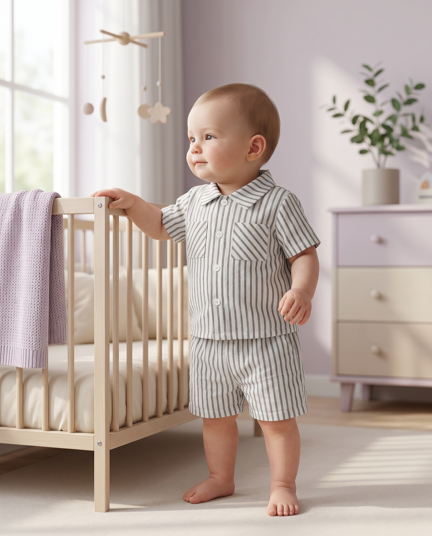 Baby Boy Black & White Striped Cotton Set