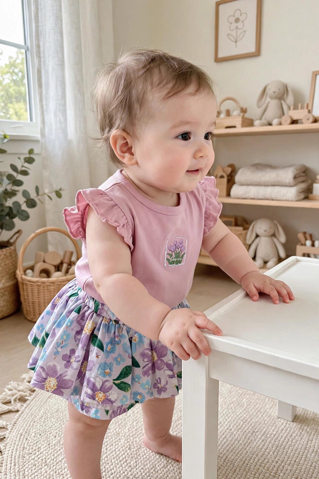 Pink Ruffle Top & Floral Wide Pants Set