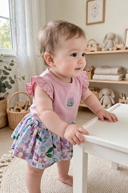 Pink Ruffle Top & Floral Wide Pants Set