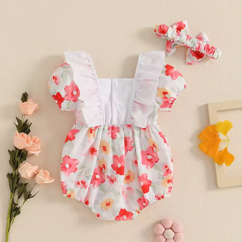 Baby Girl Ruffle Sleeve Floral Sunsuit & Headband