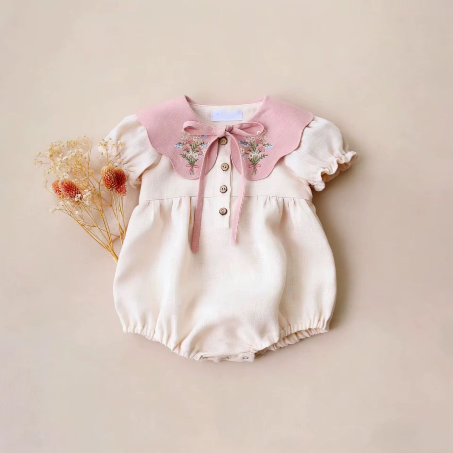 Floral Embroidered Collar Cotton Linen Romper