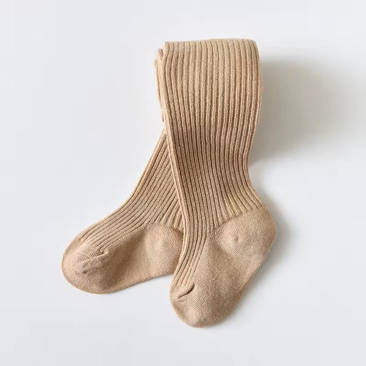 Soft Beige Fine-Ribbed Cotton Tights
