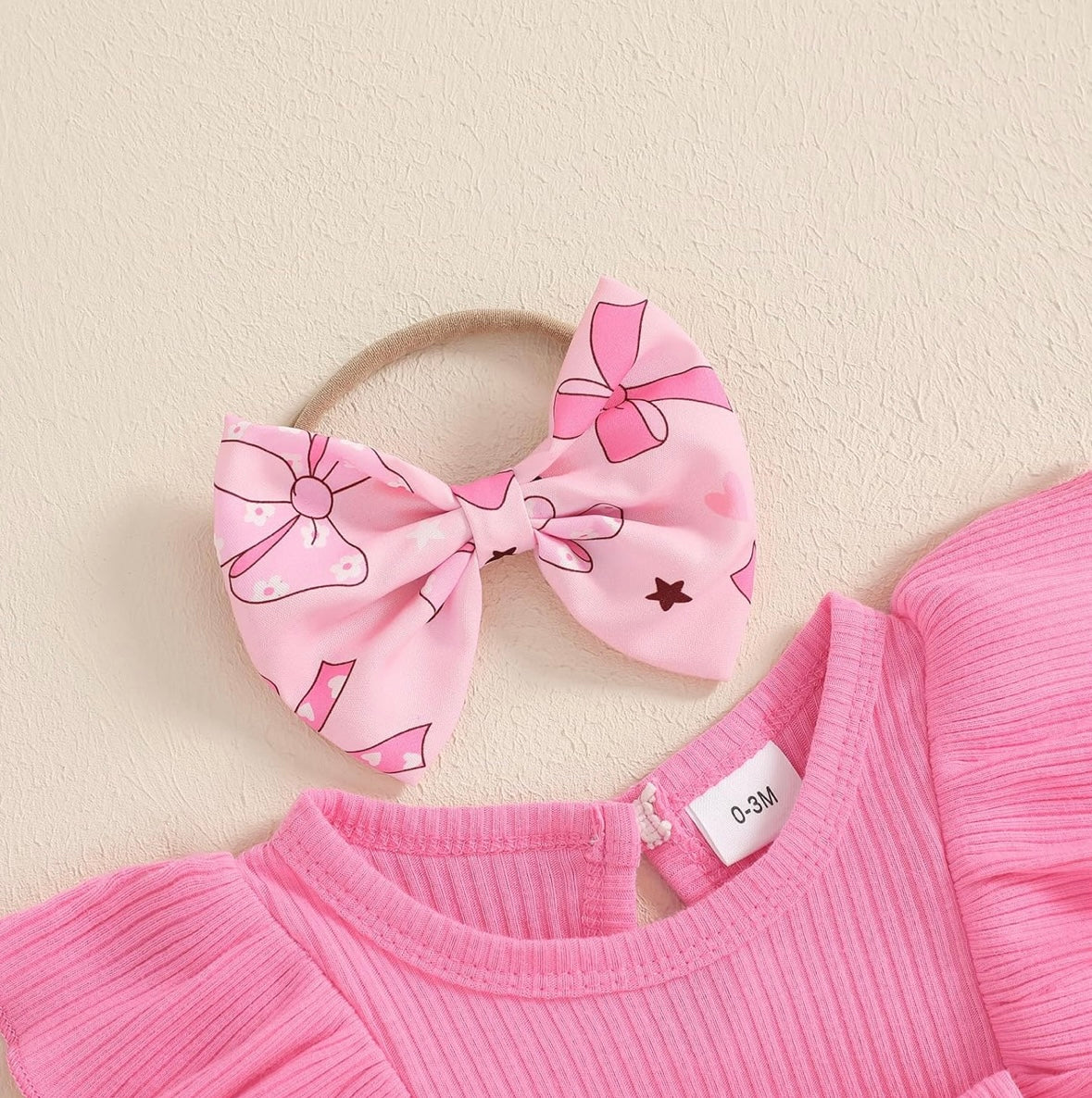 Pink Bow Print Romper Dress & Headband Set