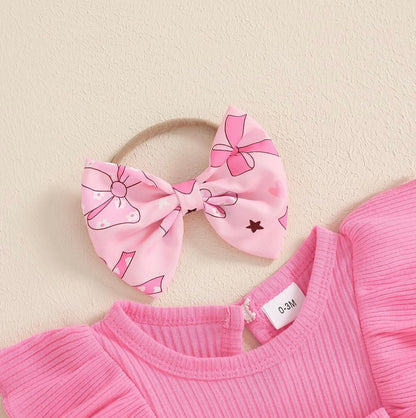 Pink Bow Print Romper Dress & Headband Set