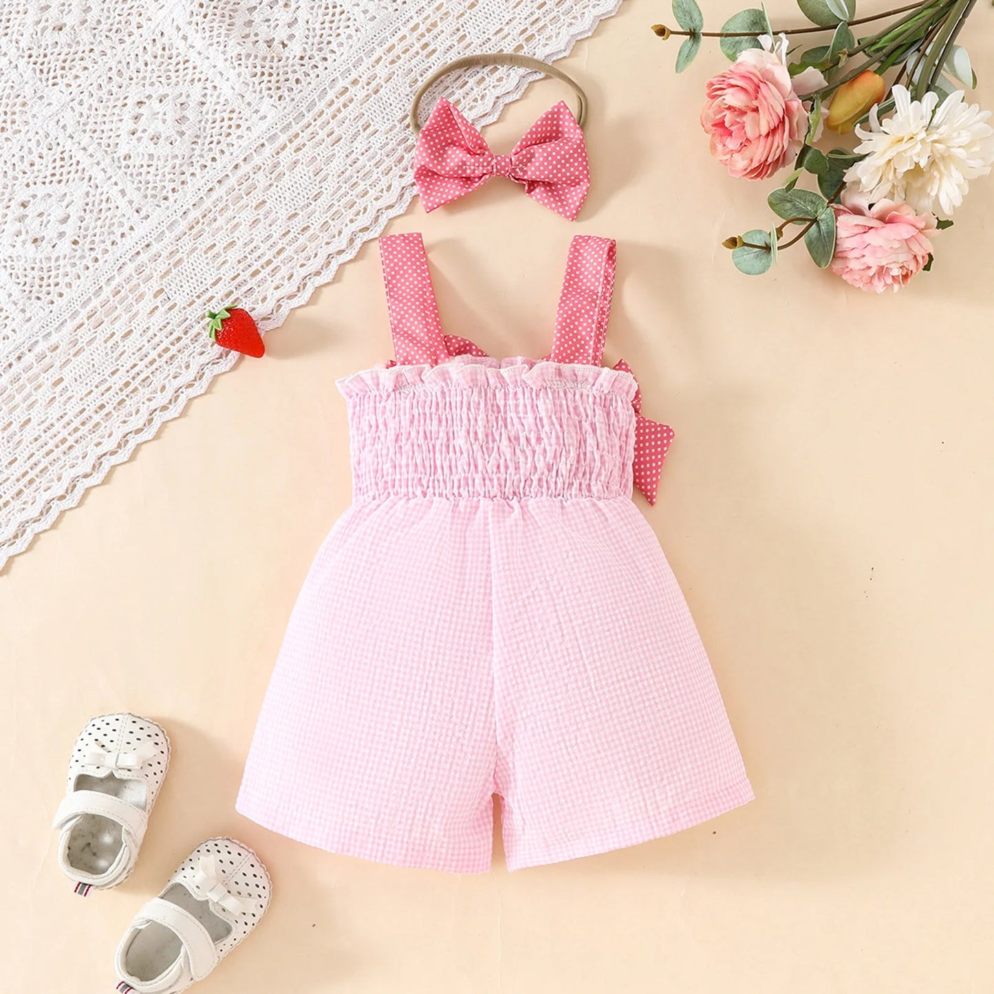 Elegant Pink Plaid Bunny Romper Set