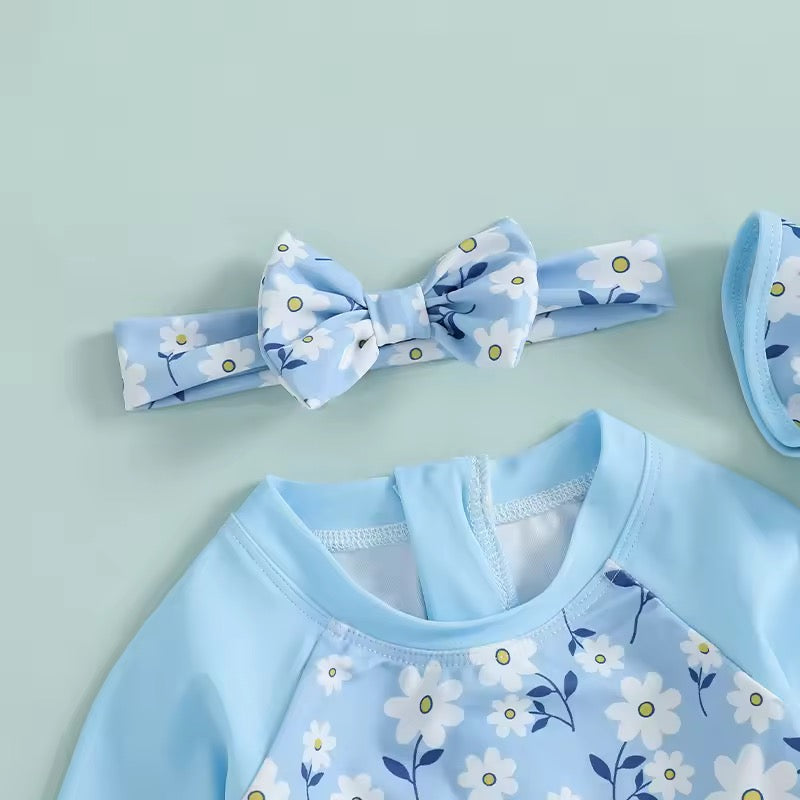 Girls' 3-Piece Blue Floral Swimsuit, Hat & Headband Set
