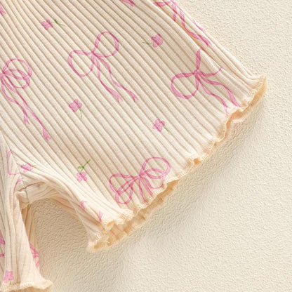 Beige Pink Bows Top & Shorts Set