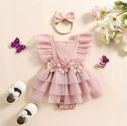 Elegant 3D Flower Tulle Tutu Romper Set