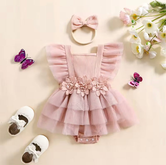 Elegant 3D Flower Tulle Tutu Romper Set