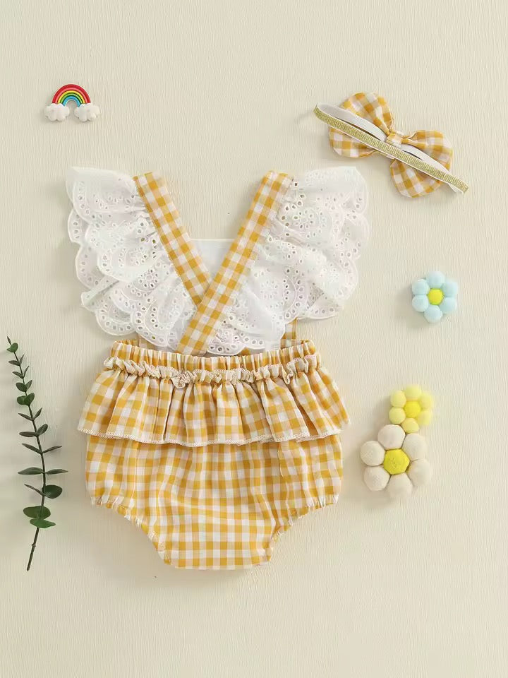 Elegant Sunny Yellow Plaid Romper set
