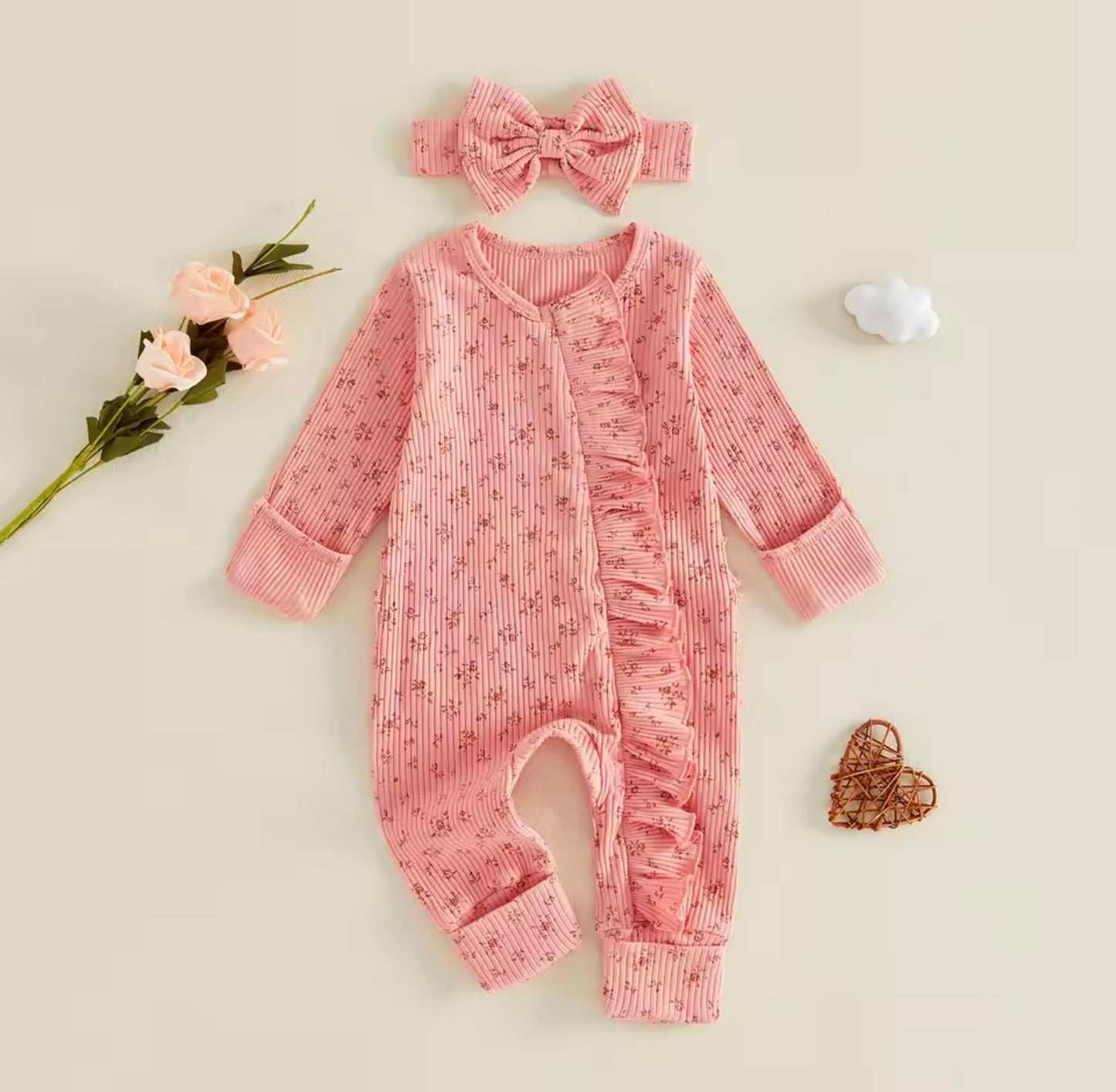 Soft Pink Floral Romper with Headband