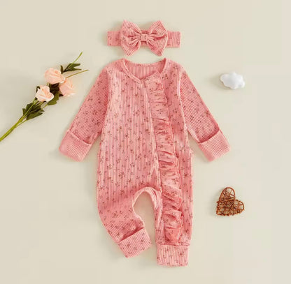 Soft Pink Floral Romper with Headband