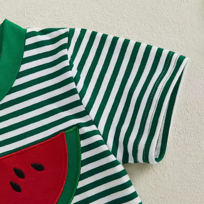 Red Summer T-Shirt with Watermelon Pocket & Striped Shorts