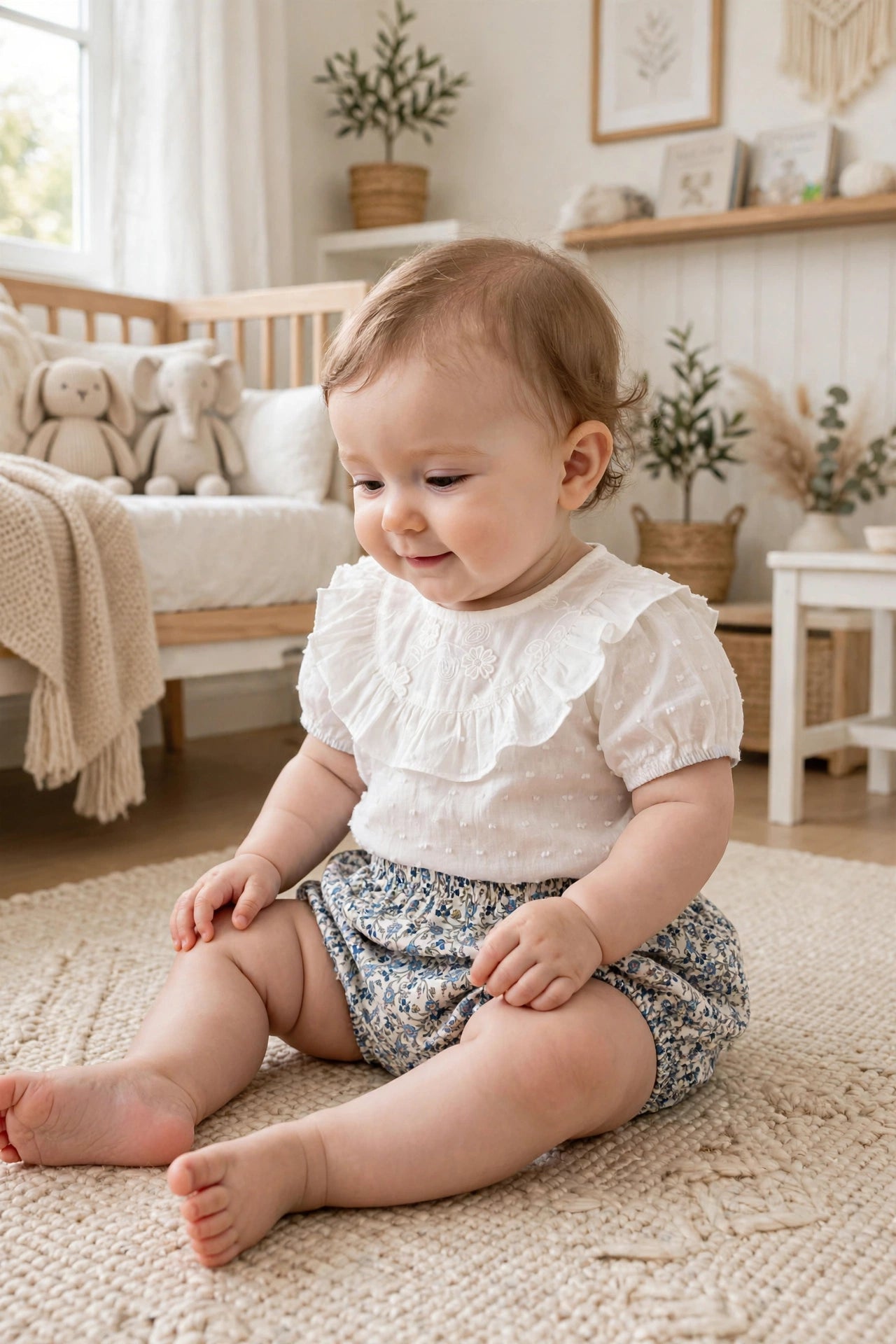 Lace Collar White Top & Blue Floral Shorts