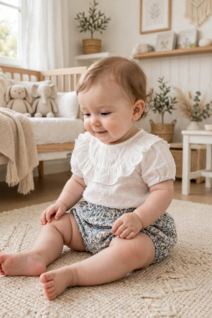 Lace Collar White Top & Blue Floral Shorts