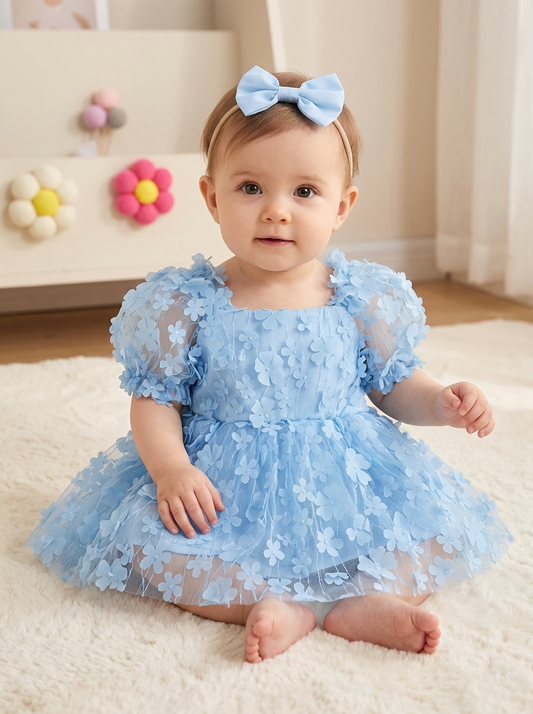 Baby Girl Blue 3D Flower Tulle Dress Romper Set