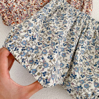 Lace Collar White Top & Blue Floral Shorts