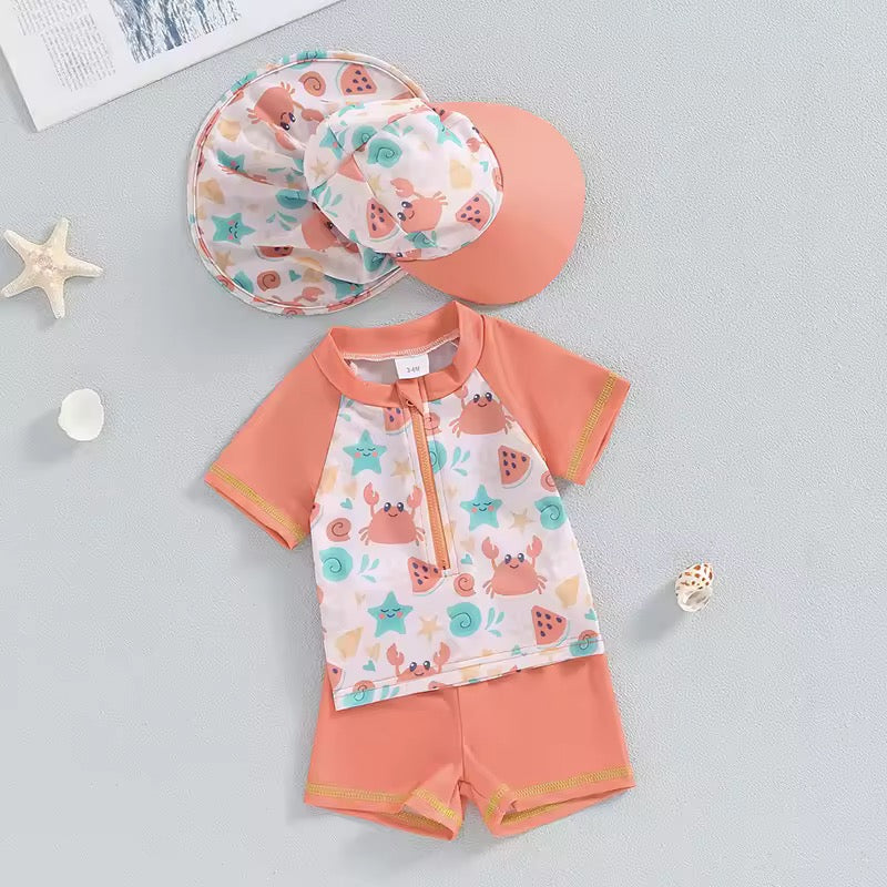 3-Piece Crab & Starfish Swim Set with Neck Protection Hat