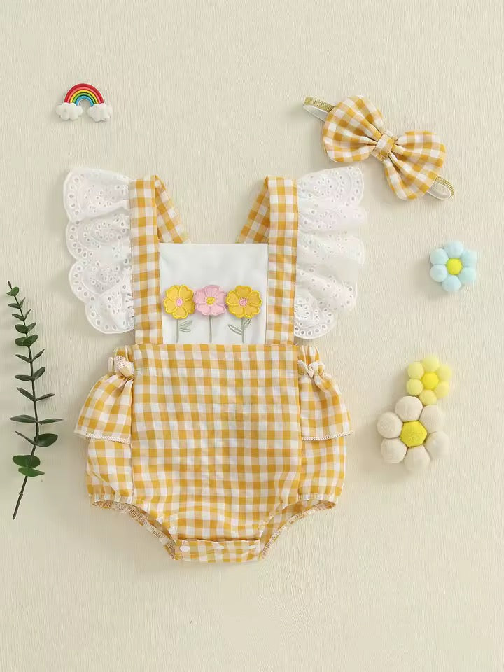 Elegant Sunny Yellow Plaid Romper set