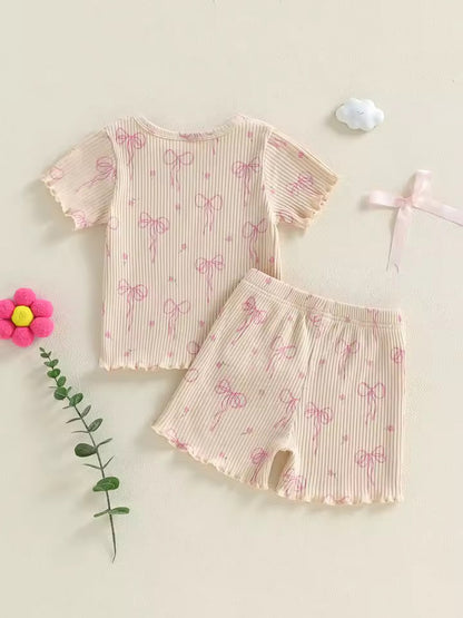 Beige Pink Bows Top & Shorts Set